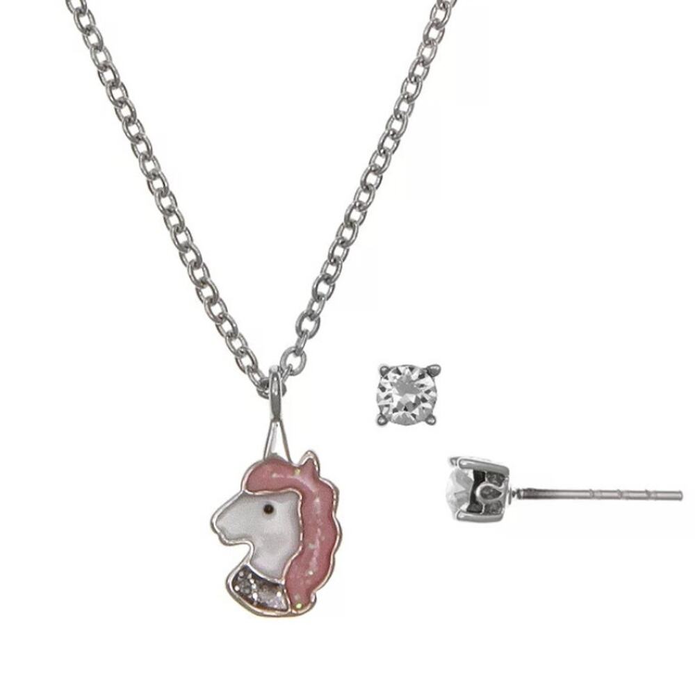 FAO Schwarz Silver Tone Unicorn Dainty Pendant Necklace & Earring Set